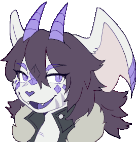 a white-furred, catlike-muzzled creature with purple horns and cheek scales. she's facing partially towards the left of the screen, and is opening and closing her mouth. art by frogbiansVEVO on twitter.