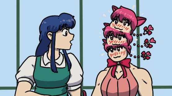 The unofficial cover of the work, Akane looking at rapidly nodding catgirl Ranma. If image is missing, try https://www.tumblr.com/inanewmoon/798975492702289920/new-fanfic-nerima-mew-mew-kiss-kiss-ranma-%C2%BD?source=share