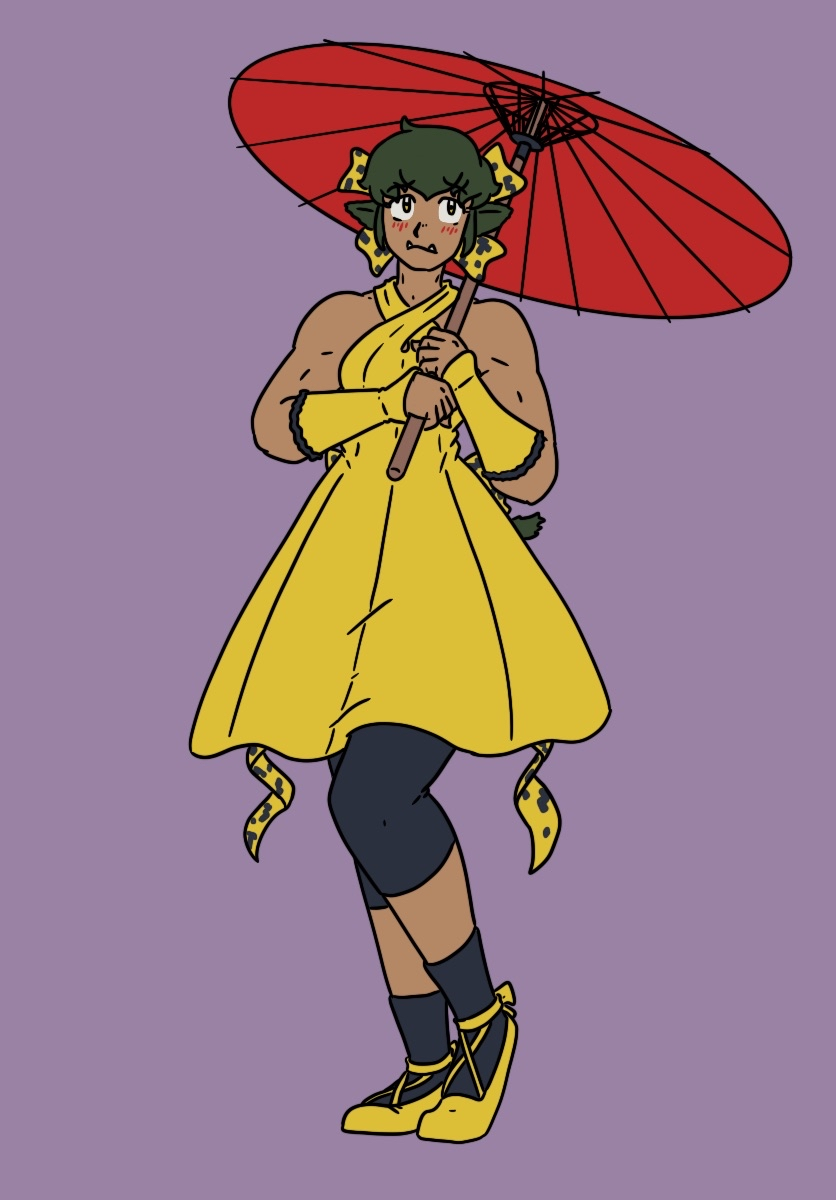 Yoiko's design - yellow magical dress with back and hair ribbons, black legging shorts peeking from underneath. Muscular, short dark green hair, with peeking upward fangs in her mouth. If the image is missing, try https://www.tumblr.com/inanewmoon/817453971609452544/nerima-mew-mew-kiss-kiss-new-episode-chapter?source=share