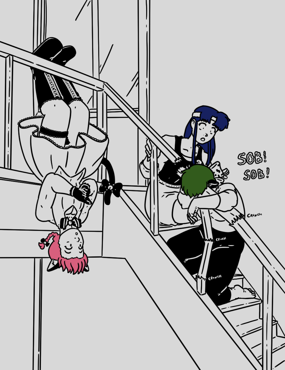 Yoiko crying, while Akane is leaning forward to comfort her, as an upside-down hanging Ranma watches. Ranma's in a magical girl dress, Akane's in her running gear, and Yoiko's in simple shirt and leggings. If the image is missing, try https://www.tumblr.com/inanewmoon/817453971609452544/nerima-mew-mew-kiss-kiss-new-episode-chapter?source=share
