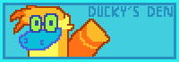 A classic 88x31pixels button, with text that says: Ducky's Den, and a 2-frame GIF of my fursona winking and wagging their tail, the background is blue