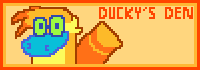 A classic 88x31pixels button, with text that says: Ducky's Den, and a 2-frame GIF of my fursona winking and wagging their tail, the background is light orange