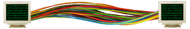 a page divider of two computers connected by wires displaying scrolling binary
