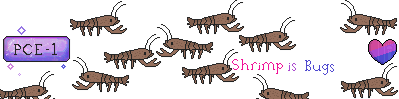 "PCE -1" "shrimp is bugs", 6 crayfish, bi flag heart