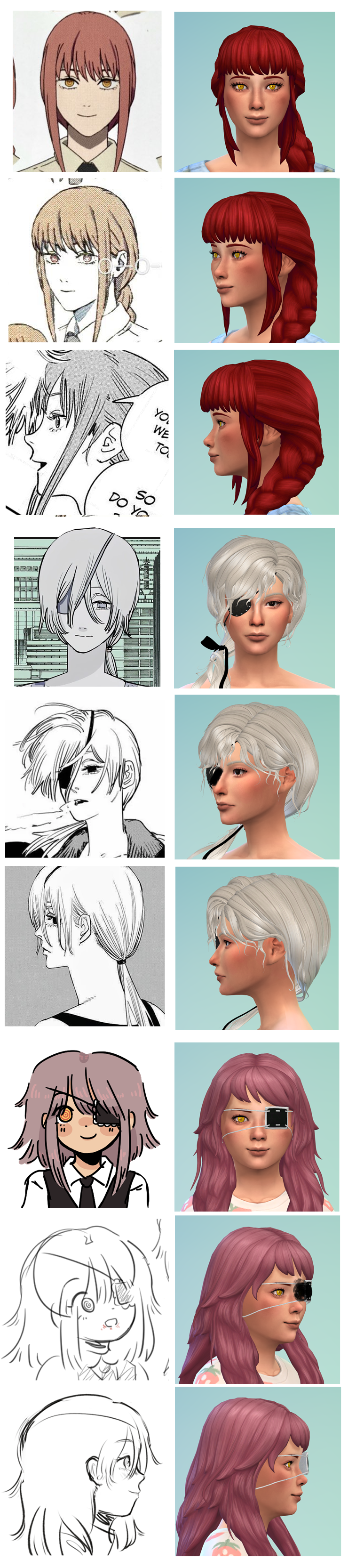 Image comparing my Chainsaw Man sims to their anime or manga counterparts. I made Makima, Quanxi and my original character Caihong. (In her case she is compared to my own artwork)