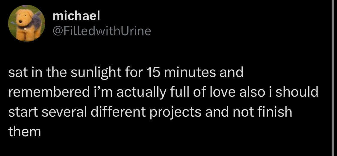 tweet from michael (@FilledWithUrine) reading: sat in the sunlight for 15 minutes and remembered i’m actually full of love also i should start several different projects and not finish them