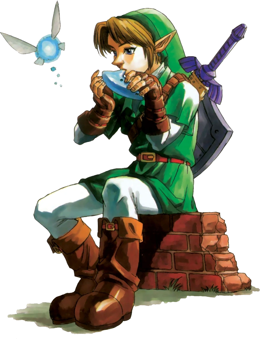 Link from Ocarina of Time rests on a disheveled brick wall and plays his ocarina. Navi the fairy hovers by and listens.