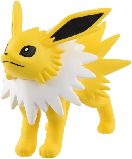 A Jolteon figurine stands with a neutral/content expression.