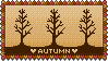 A brown stamp with leafless trees and a red leaf frame labelled Autumn