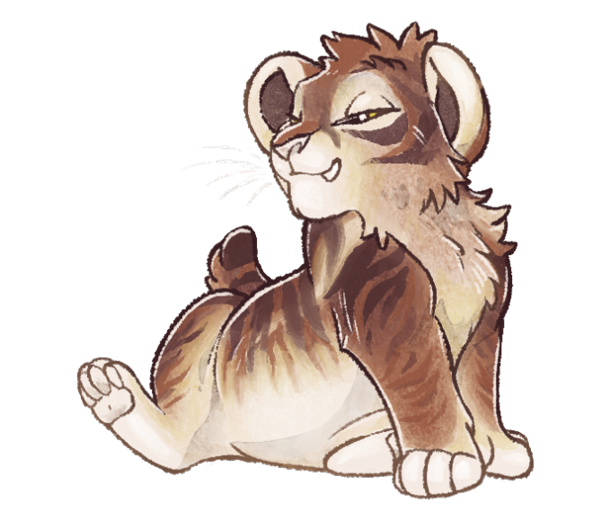 An image of a brown primal cub, baby Junjerr, sitting with a smug expression