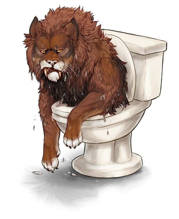 A Lioden-style image of a brown primal lion, King Junjerr, stuck halfway in a toilet while soaking wet with an irritated expression
