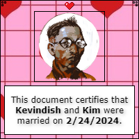 An image of Kim Kitsuragi from Disco Elysium with a pink background and a box stating this document certifies that kevindish and kim were married on February 24th 2024