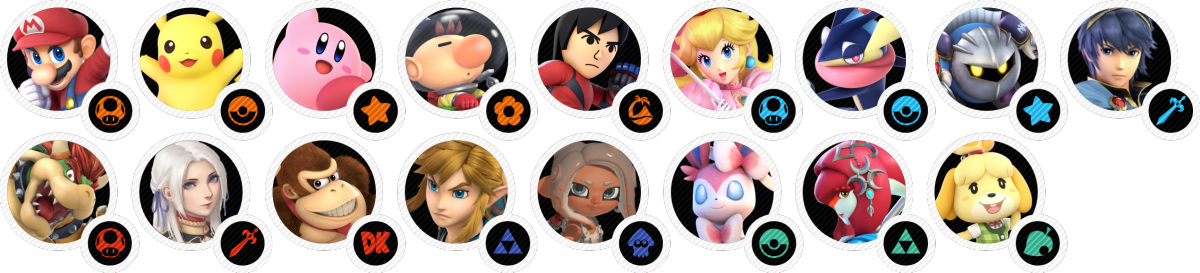 Mario (Super Mario), Pikachu (Pokemon), Kirby (Kirby), Olimar (Pikmin), Mii Fighter (Mii / Wii Sports), Peach (Super Mario), Greninja (Pokemon), Meta Knight (Kirby), Marth (Fire Emblem), Bowser (Super Mario), Edelgard (Fire Emblem), Donkey Kong (Donkey Kong), Link (The Legend of Zelda), Agent 8 (Splatoon), Sylveon (Pokemon), Mipha (The Legend of Zelda), Isabelle (Animal Crossing)