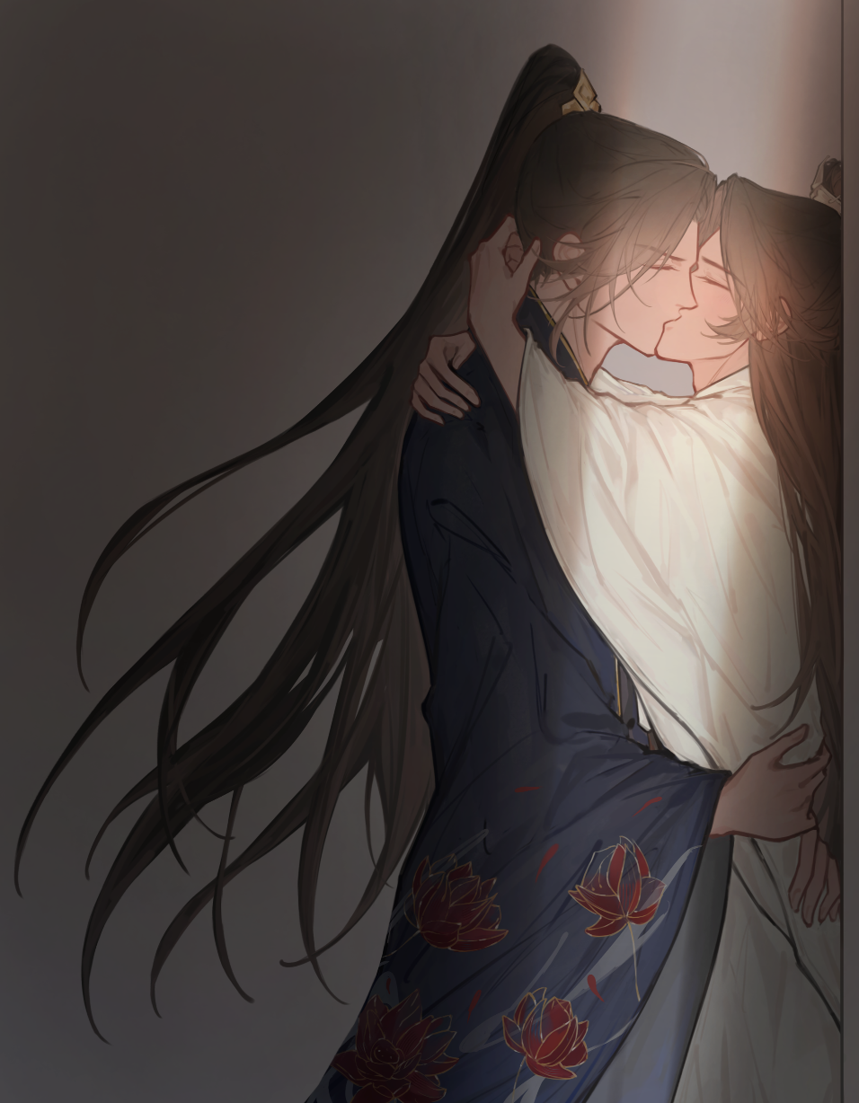 Artwork of Chu Mingyun and Su Shiyu. Su Shiyu is being pressed against the wall by Chu Mingyun. Their arms are wrapped around each other as they kiss passionately.