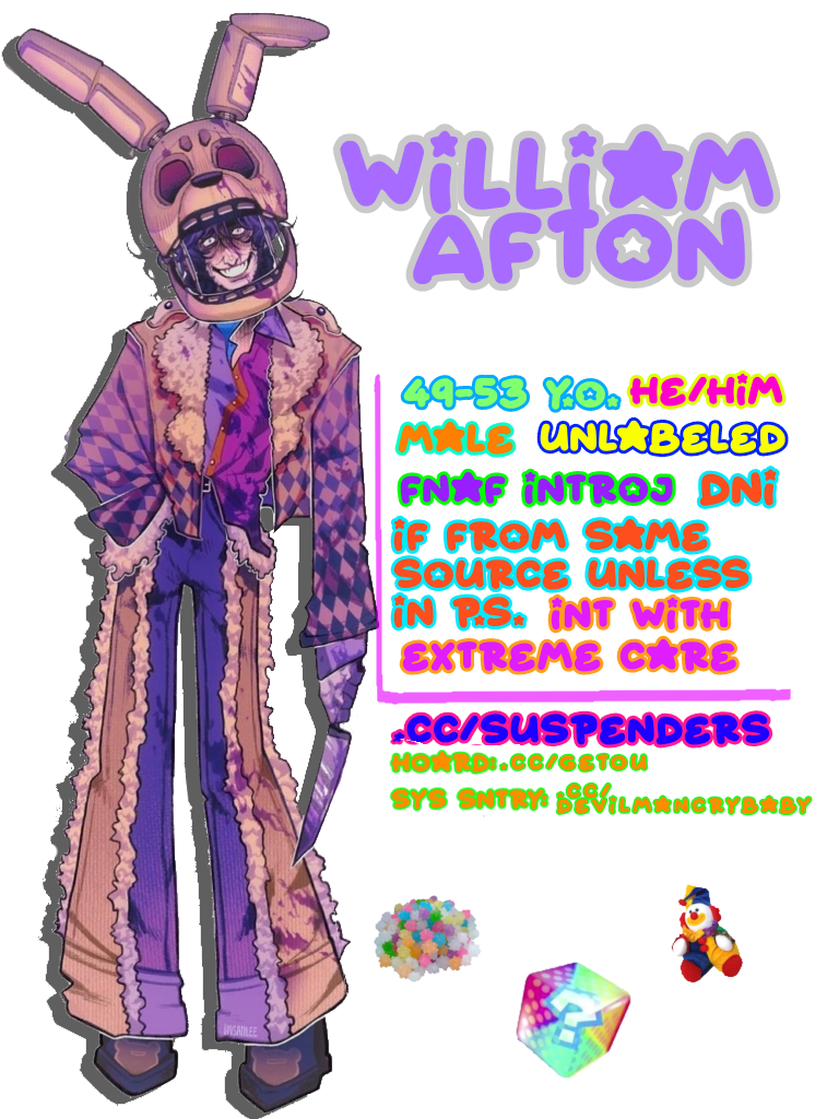 william afton:: 49-53 yo, he/him , male , unlabeled , fnaf introj , dni if from same source unless p.s. , int. with extreme care . .cc/suspenders , hoard : .cc/getou , sys sntry : .cc/devilmancrybaby