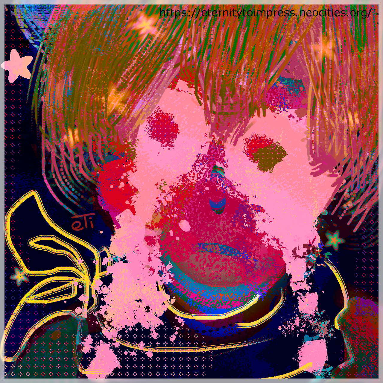 High contrast heavily saturated image of a girl from the shoulders up. She has a pink face with dirty blonde hair and light pink tears are dripping from her eyes. She has a blue bandanna with a yellow outline. There are stars surrounding her head in a halo.