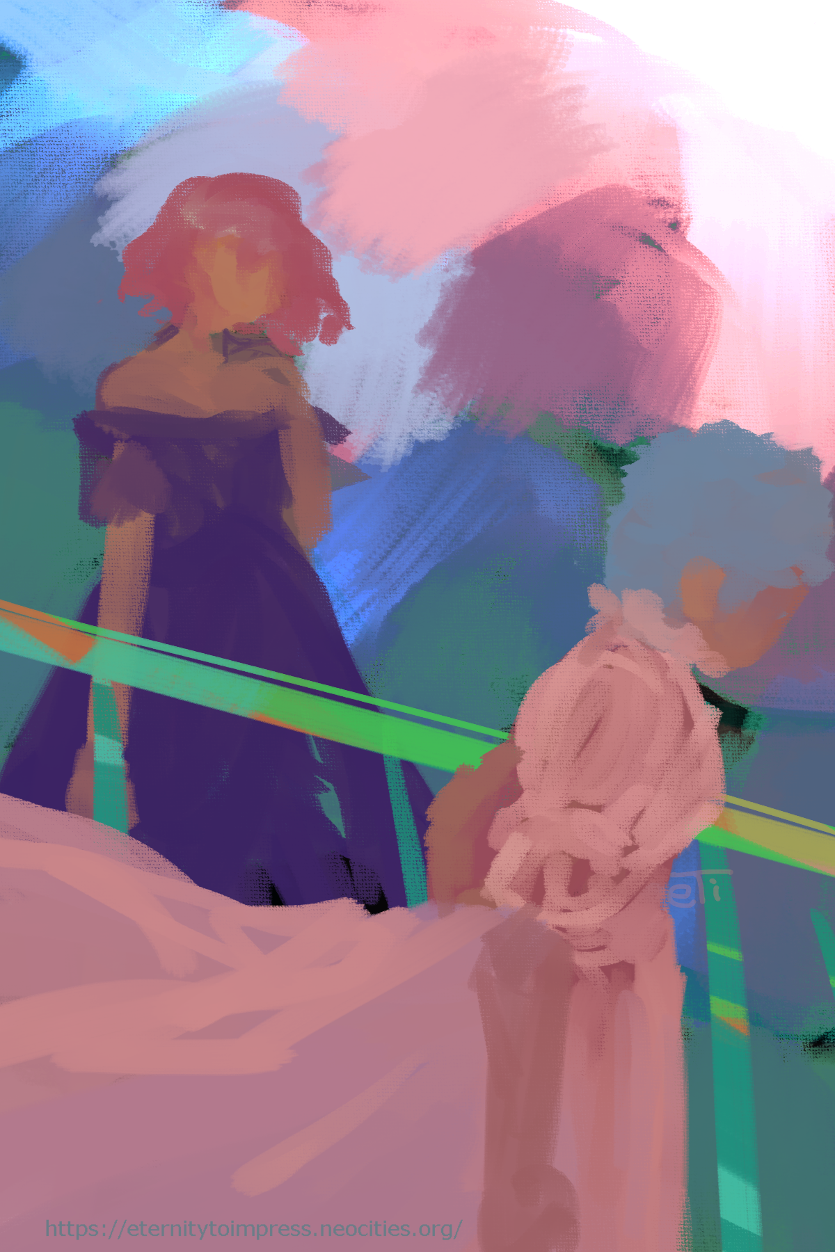 A pink haired girl watches from above as a blue haired girl walks away from her. Pink hair is wearing a purple cold shoulder dress. Blue hair is wearing a pink dress with puffy sleeves. Behind and in the center is the pink haired girl facing away from the viewer. 