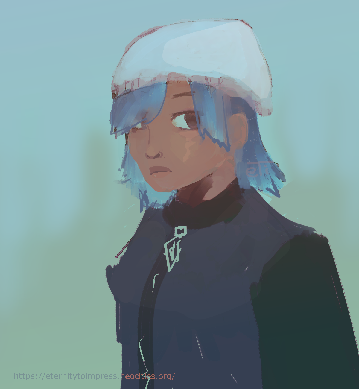 Lilith has short hair slighlty above her shoulders and a white beanie on. She has on a blue jacket with darker blue sleeves. She is looking past the viewer.