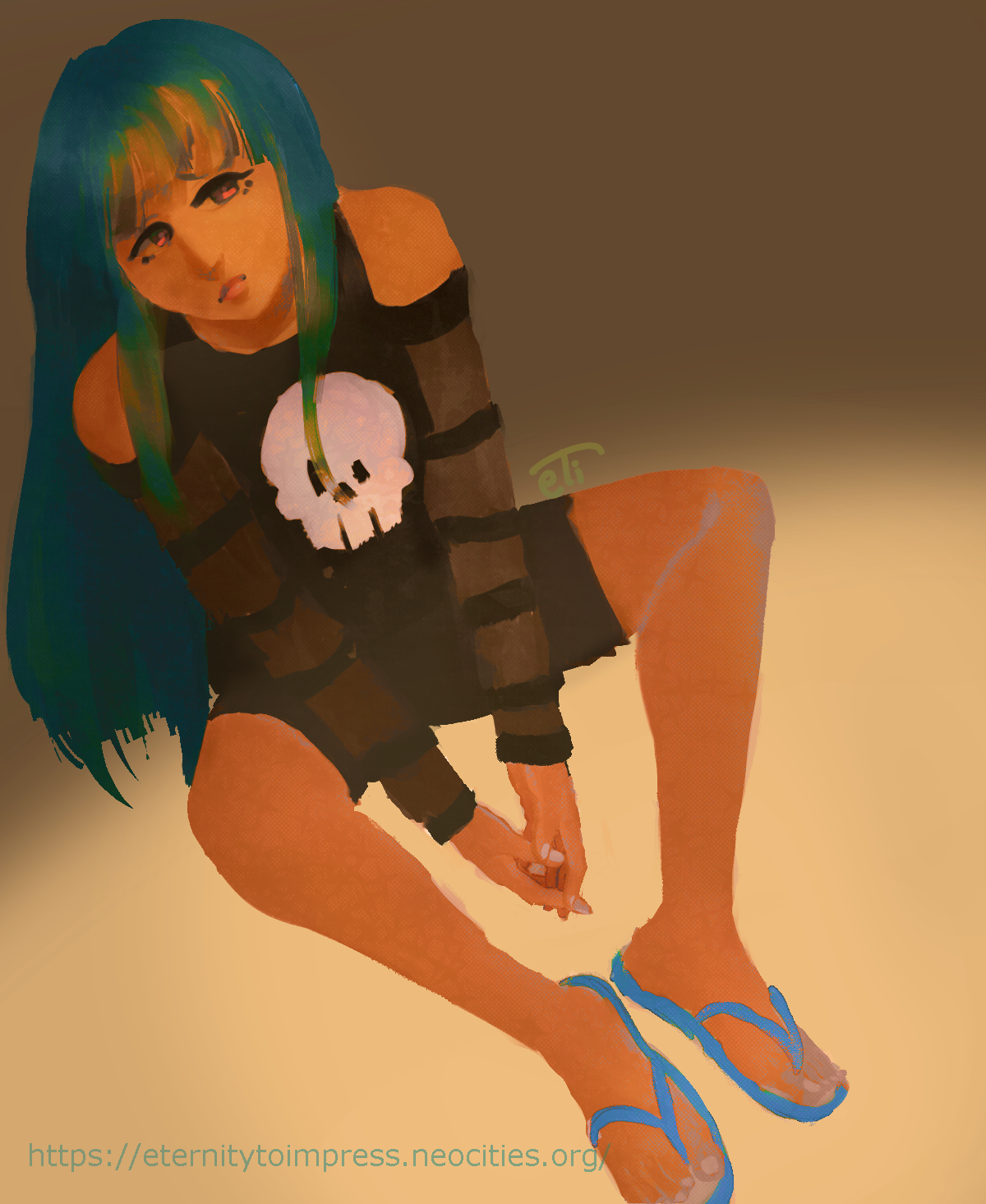 Lilith has blue-green hair and a black cold shoulder long sleeve shirt on. The sleeves are striped and there is a skull in the center. She has on black shorts and  blue sandals. Her nails are painted white. She is sitting down with her hands in her lap pouting up at the camera. There is a warm yellow light shining on her from the camera.