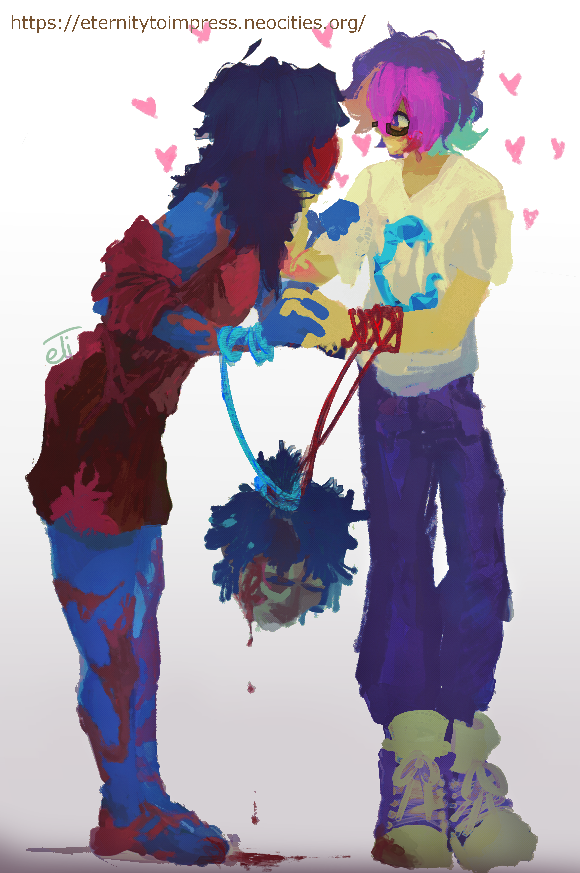 Bloody Sally (left) is leaning close to Dr. Sours (right) and holding their hand. In the bottom center of the frame is Guilty's decapitated head suspended in the air by strings around both their wrists. There is blood dripping down and blood stains on Dr. Sours' shoes and Blood Sun's feet. Bloody is in a ragged red romper with an off the shoulder sleeve. SHe is not wearing shoes. The rope around her wrist is bright blue. Dr. Sours is wearing a white t-shirt with a blue circle in the middle. His pants are a deep purple and he is wearing purple hitop shoes. There are love hearts above both their heads and Dr. Sours is blushing and staring at Bloody Sun in awe. Both are ignoring Guilty Spider's head. 