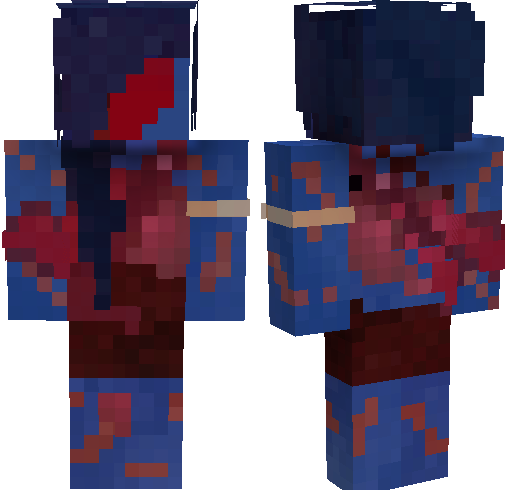 Front and back of a minecraft skin. It is Bloody Sally who has blue skin, pink scars all over her body, and ripped up red clothing. She also has a golden band on her right shoulder.