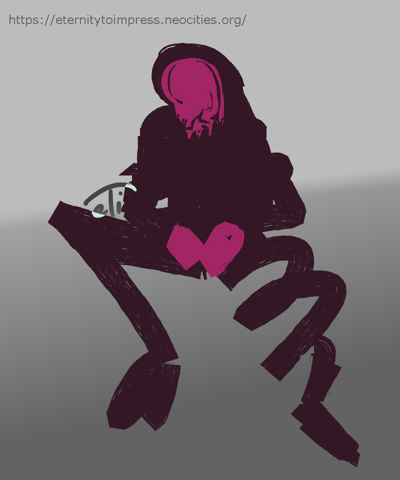 Drawing of Swirly. Swirly is sitting with it's hands in it's lap and legs somewhat spead out. It's face is pink and melted. Swirly's left leg is a spring coil.