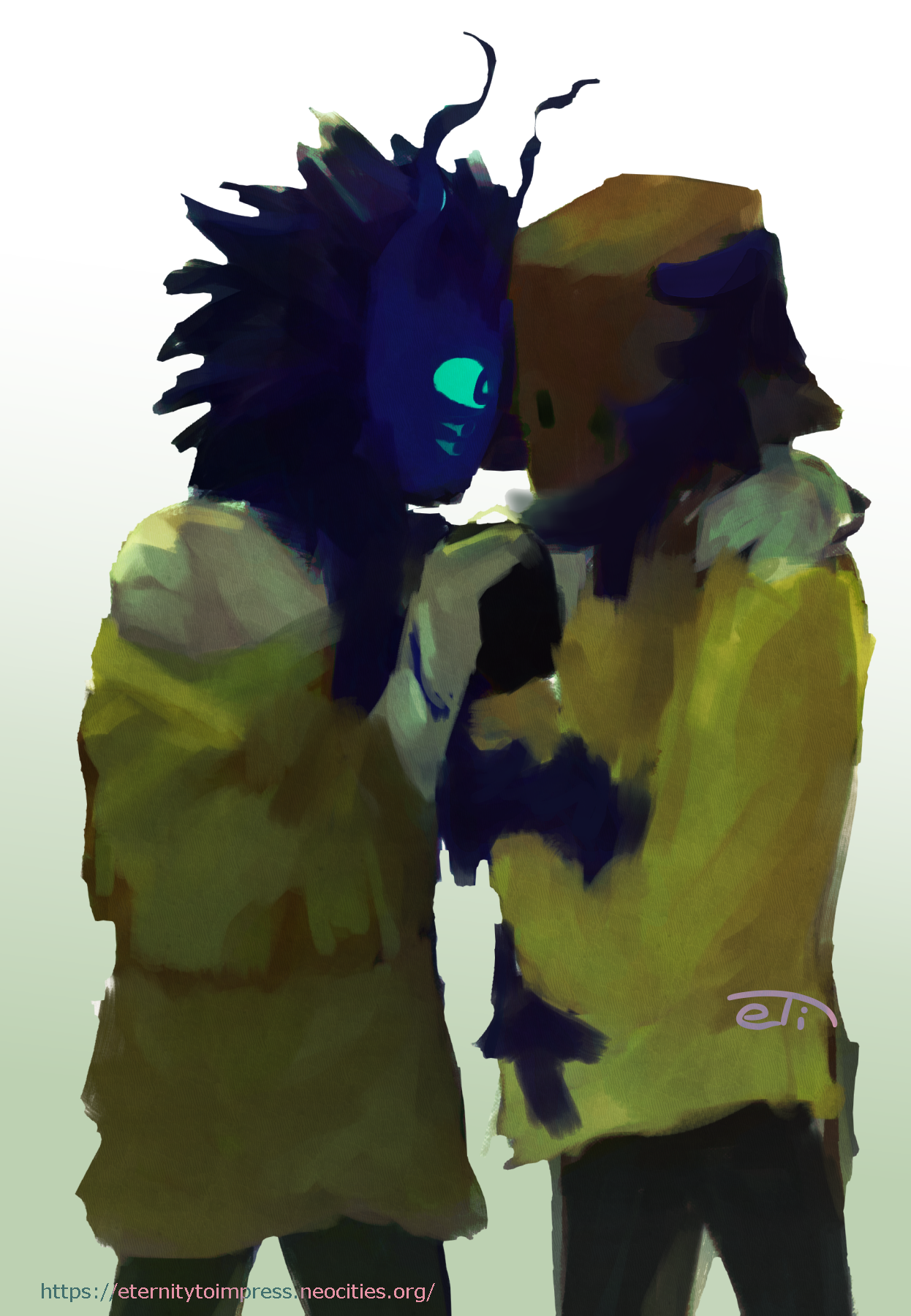 Warbles (left) is holding Chamole (right) close to them by wrapping a blue feathery head tendril around Chamole's head. Warbles has blue skin and 3 bright blue eyes visible to the viewer. They are wearing a faded yellow sweater over a white button up shirt and white gloves. Chamole is wearing a paper bag on their head and a similar yellow sweater with black gloves. 