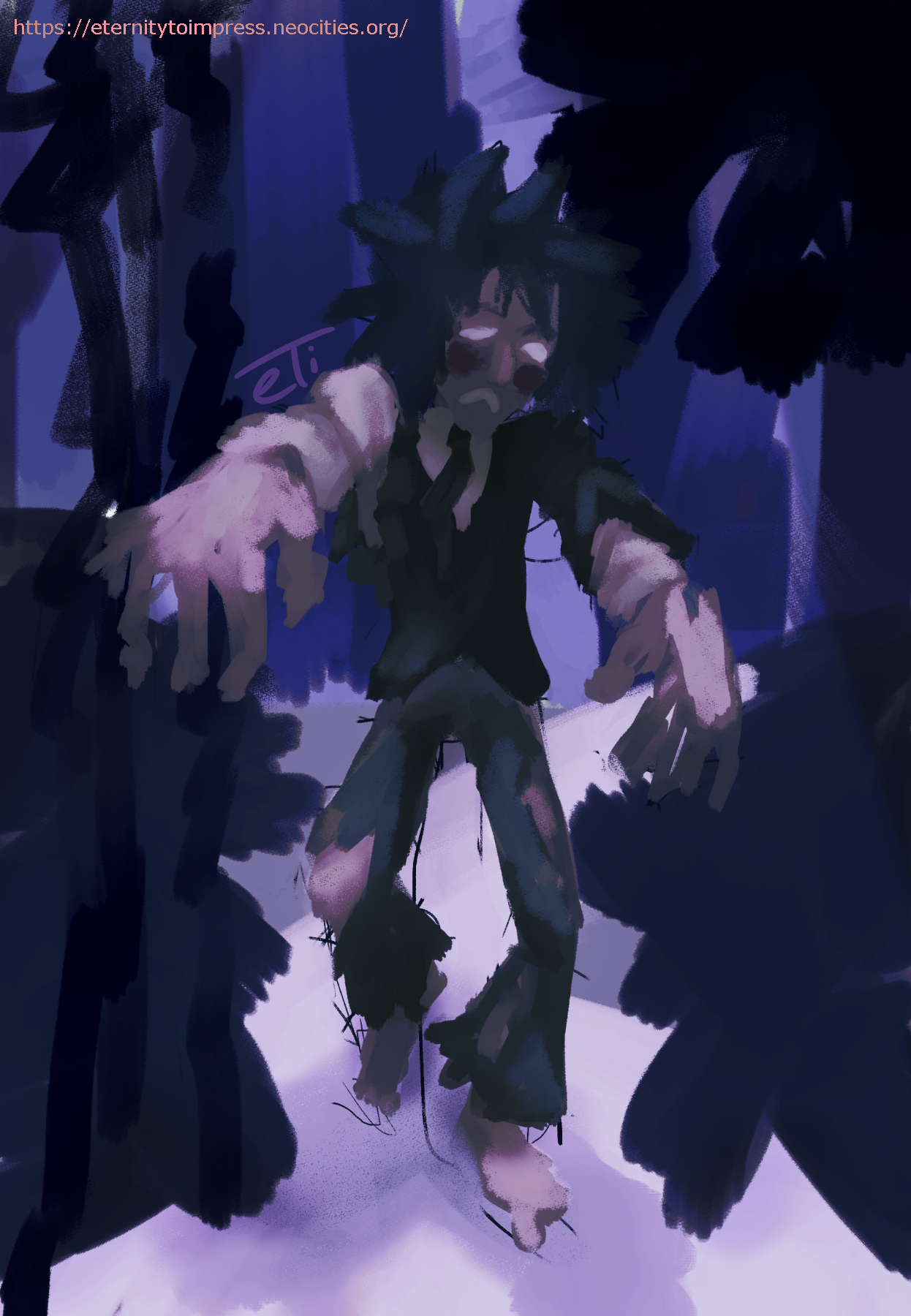 Art of Undead guilty walks with his arms stretched out in a purple tinted forest path,