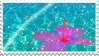 a stamp of a pink hibiscus floating in bright blue water
