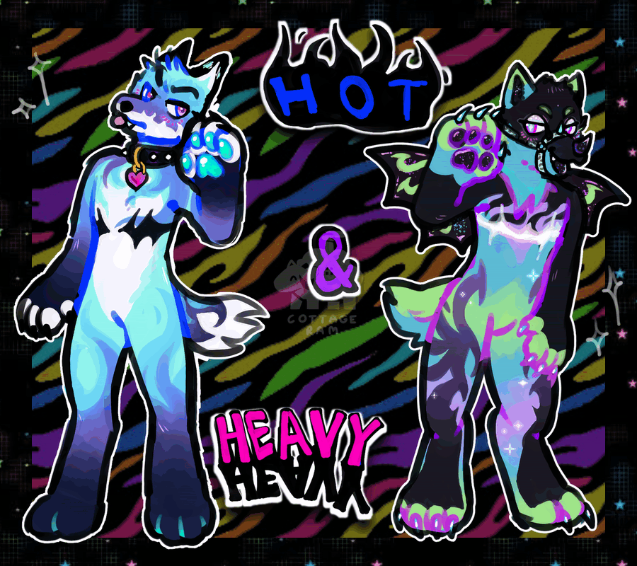 a digital drawing of studioscheppens characters kilgore and manny with the text HOT & HEAVY between them