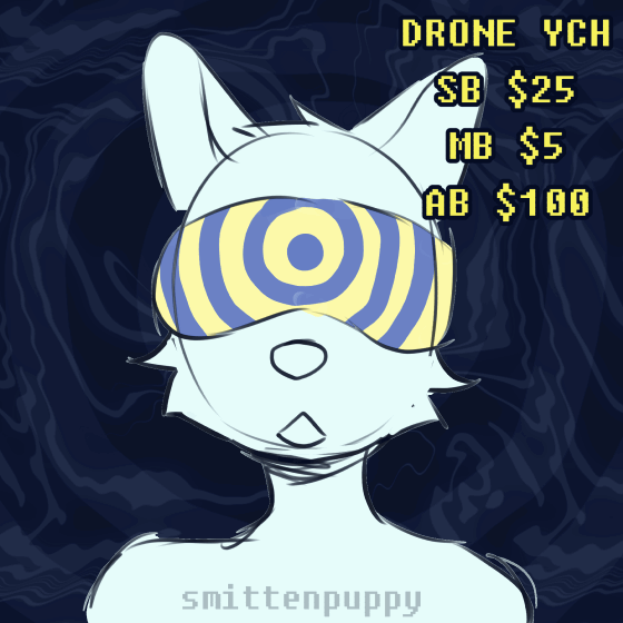 a ych animation of an anthro furry character moving their head side to side as their visor has pusling hypno rings and occassionally flashes the word slave