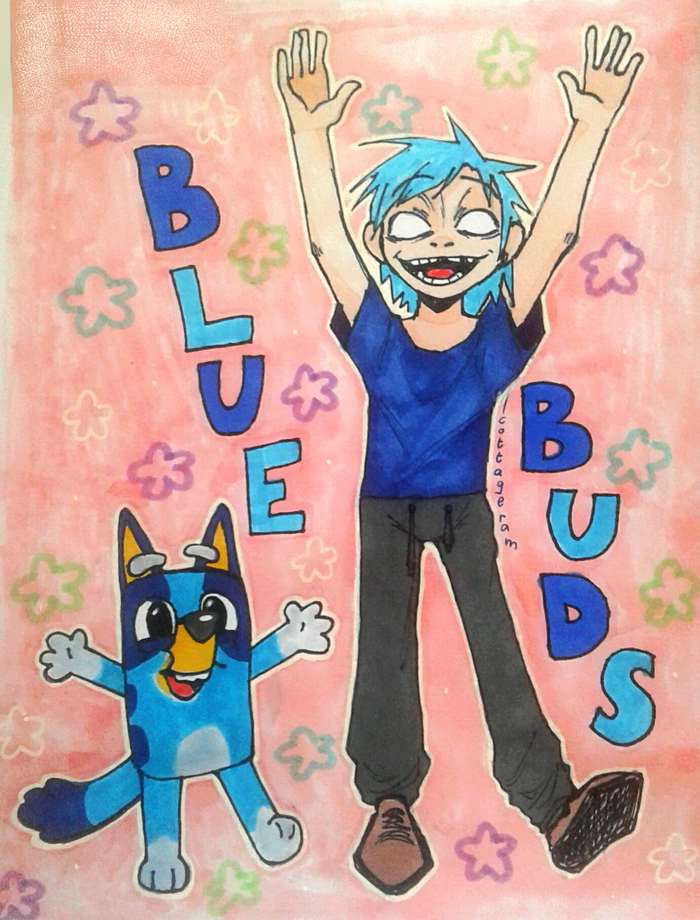 traditional art of bluey and 2d