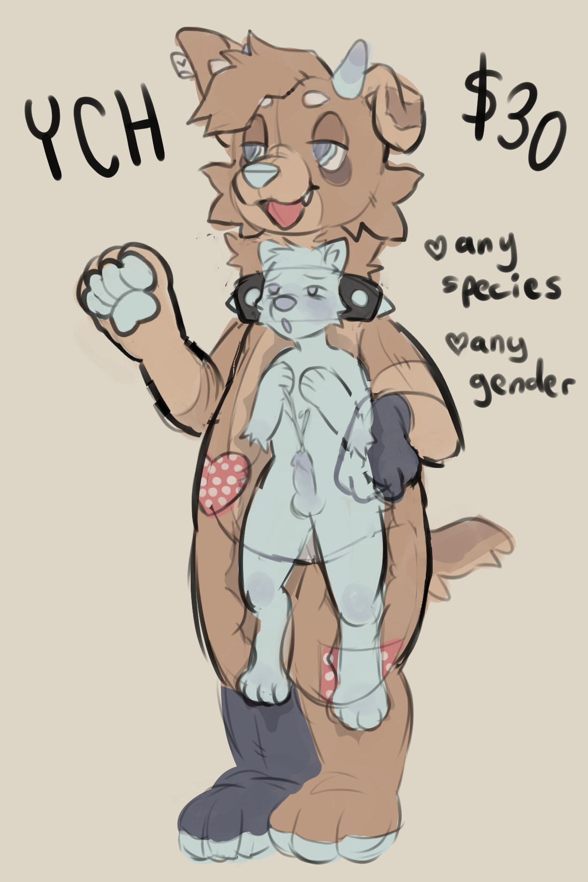 a ych sketch of an anthro character cumming inside of a giant plush suit