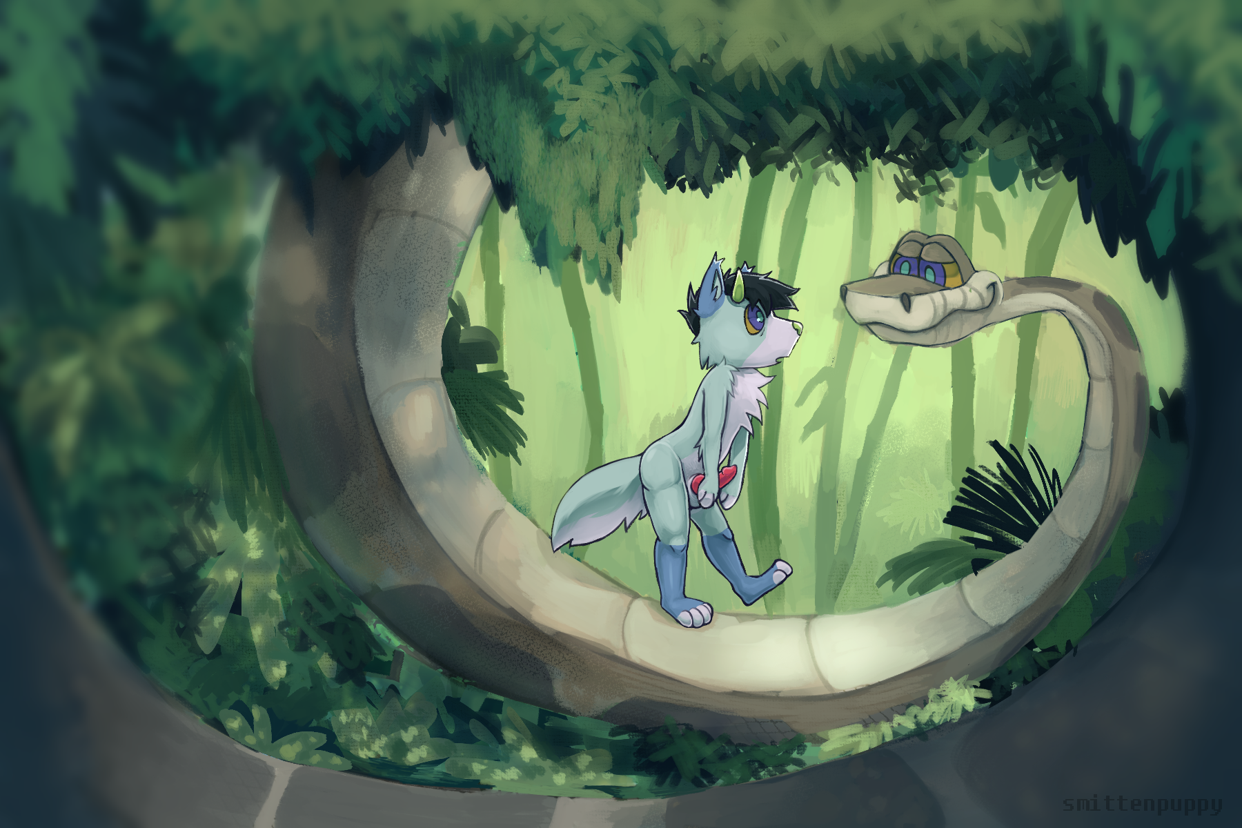 a rendered digital painting of an anthro dog walking along the tail of a giant indian python (kaa from the jungle book) and being hypnotized by his stare