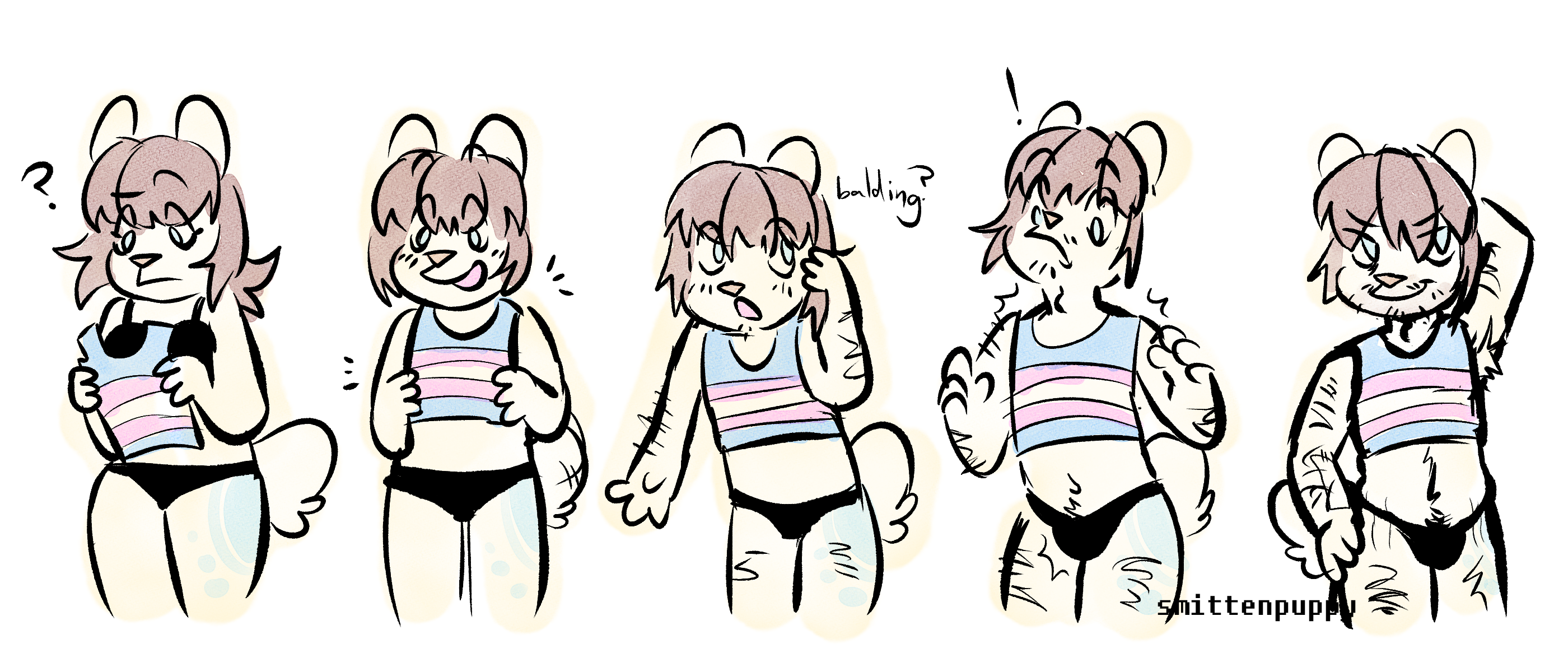 a digital sketch of an anthro dog being transformed into a trans masculine character with bottom surgery after wearing a binder with the trans flag on it