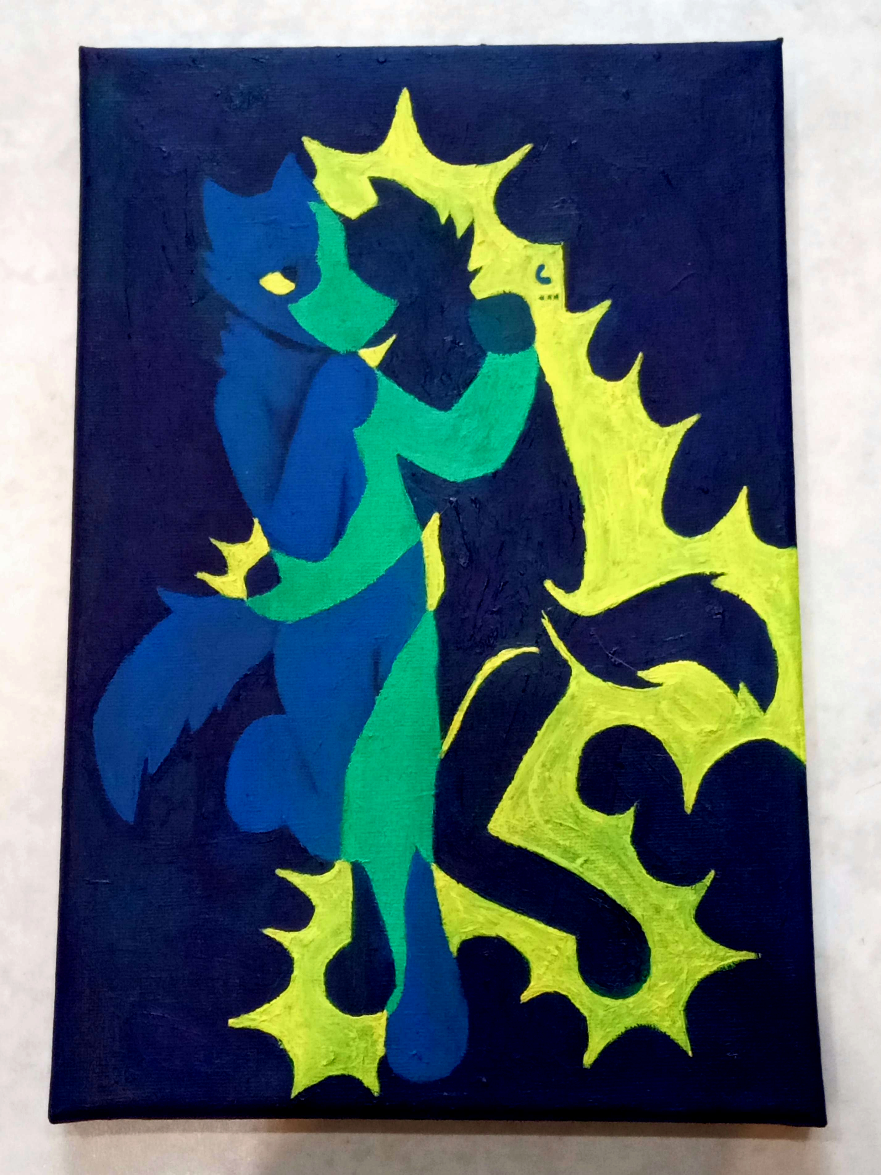 an oil painting of two anthro wolves hugging, one wolf is created through the voice coming from the phone call the other wolf is having