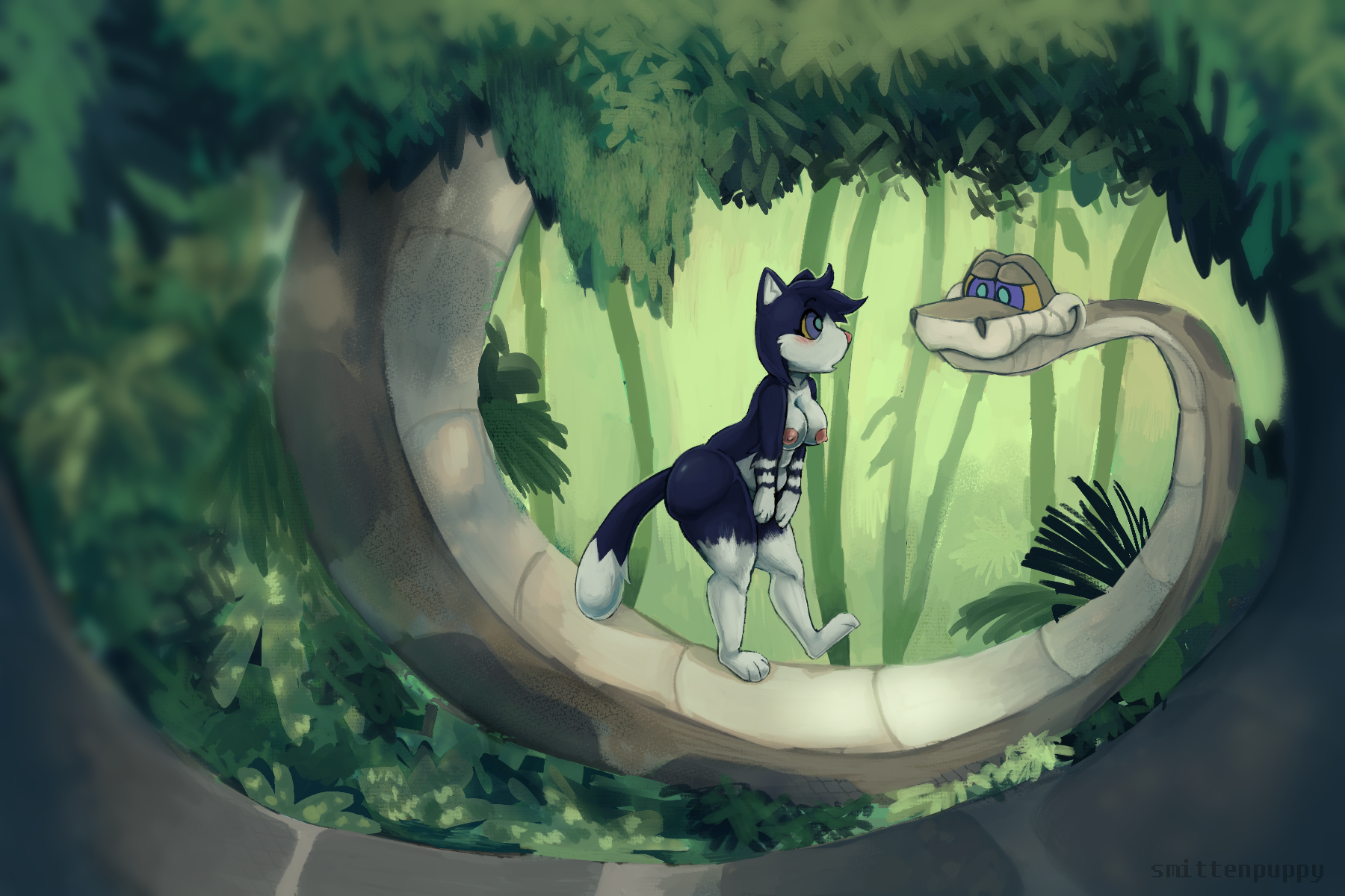 a rendered digital painting of an anthro wolf walking along the tail of a giant indian python (kaa from the jungle book) and being hypnotized by his stare