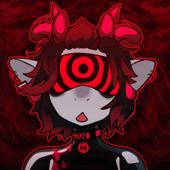 a ych animation of an anthro goat character moving their head side to side as their visor has pusling hypno rings and occassionally flashes the word slave