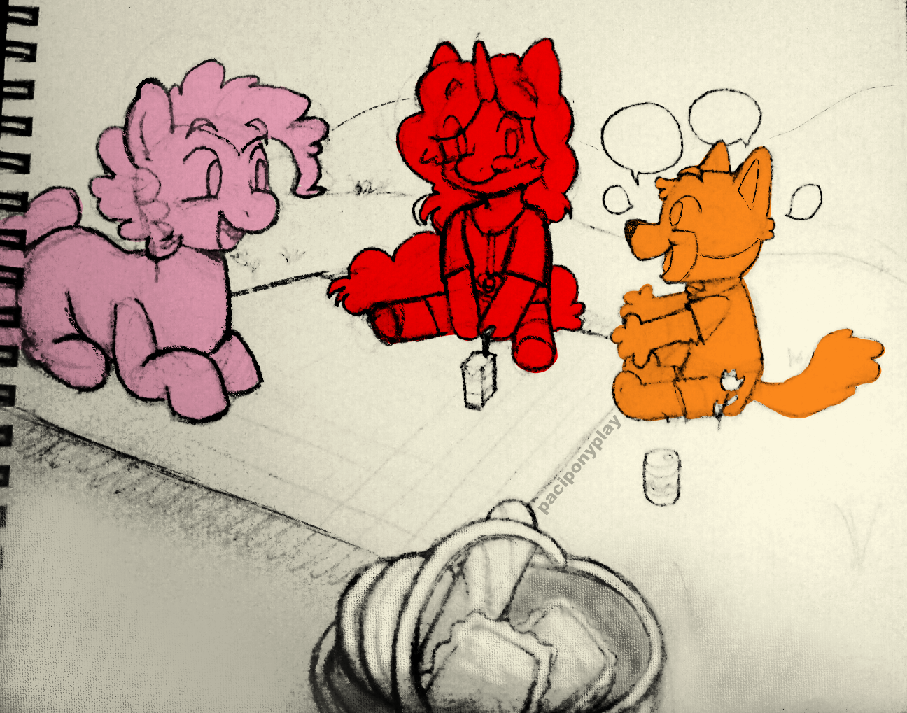 drawing of coney pinkie pie and bingo at a picnic together, bingo is rambling while the other 2 listen