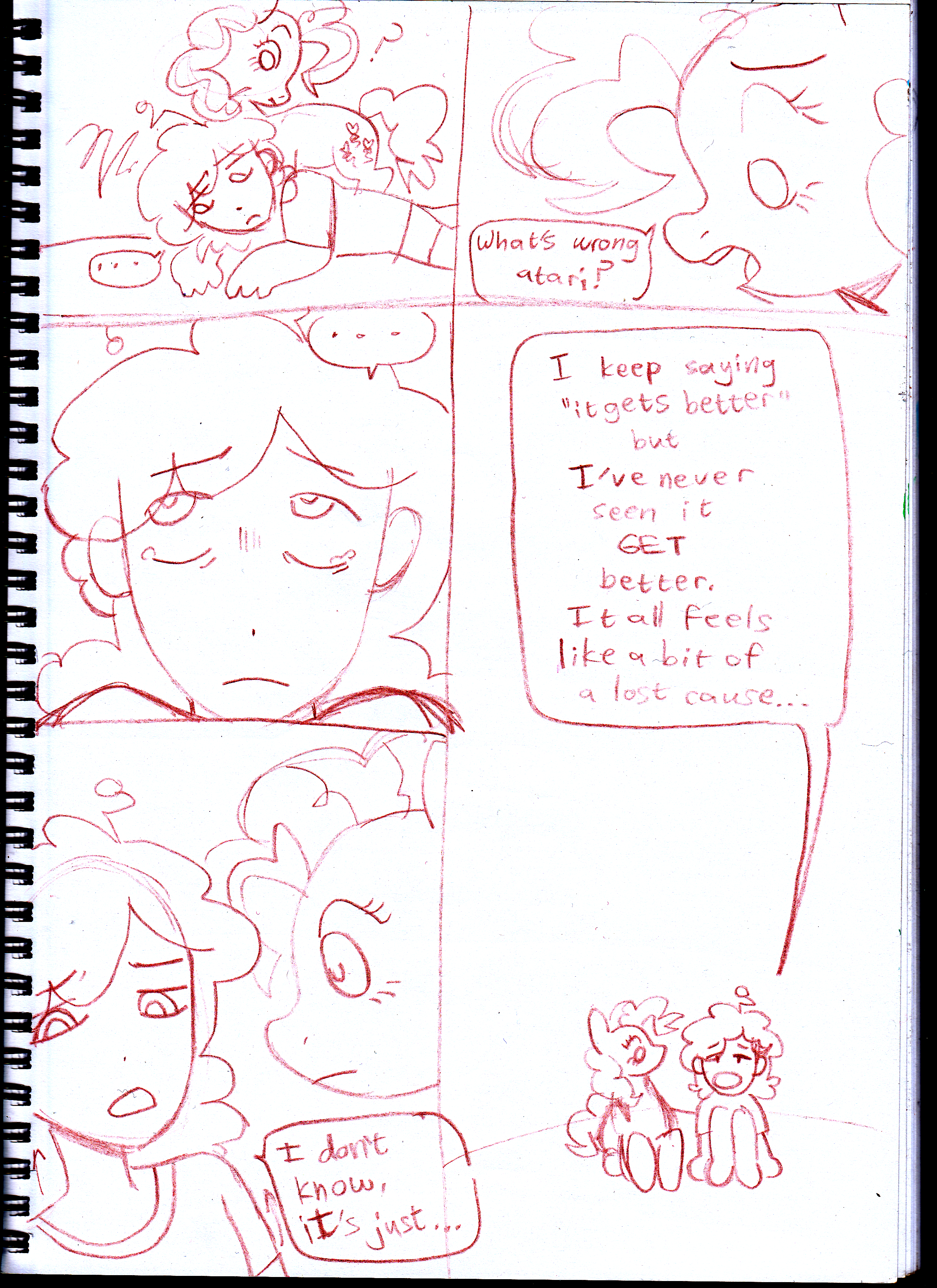 traditional comic of me having a conversation with pinkie pie. it reads: What's wrong atari. ... I don't know, it's just... I keep saying it gets better but I've never seen it GET better. It all feels like a bit of a lost cause...