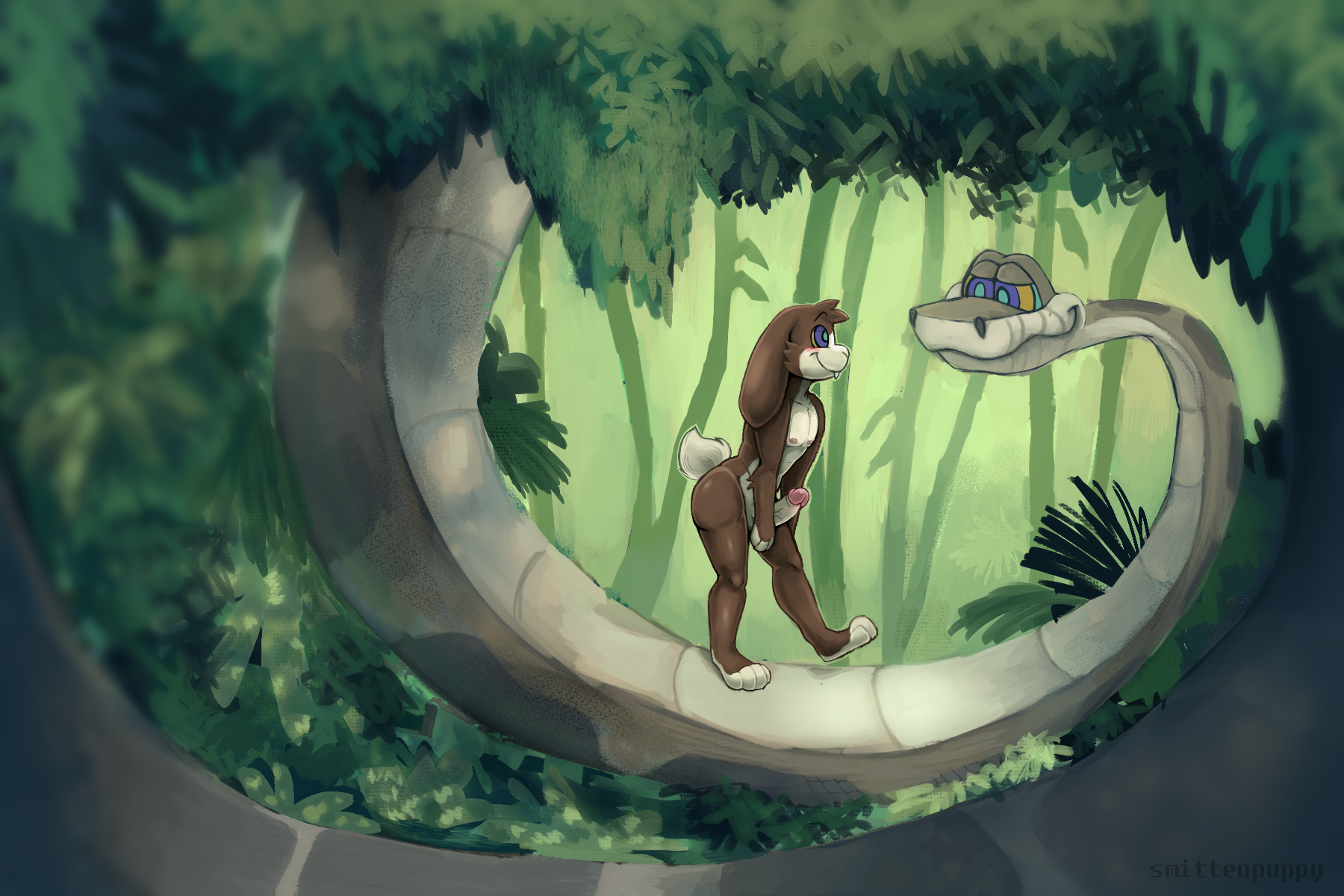 a rendered digital painting of an anthro rabbit walking along the tail of a giant indian python (kaa from the jungle book) and being hypnotized by his stare