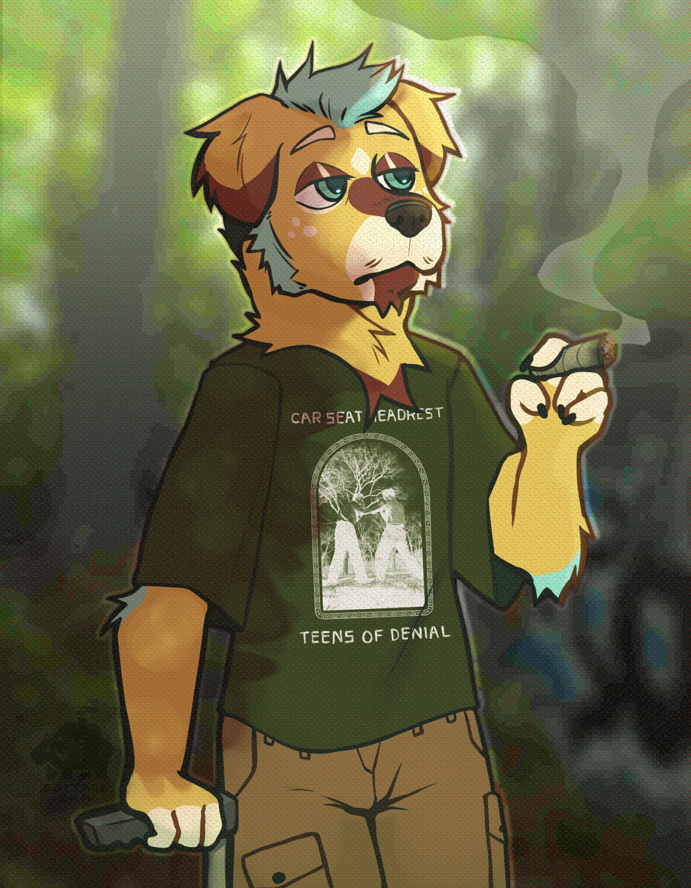 a digital drawing of an anthro golden retriever in a forest resting his arm on a cain and holding a blunt