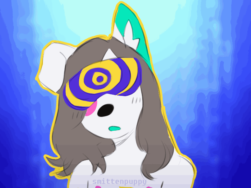 an animation of an anthro canine becoming hypnotized by a pulsing purple and yellow visor before finally getting pinged and submitting to the hypnosis