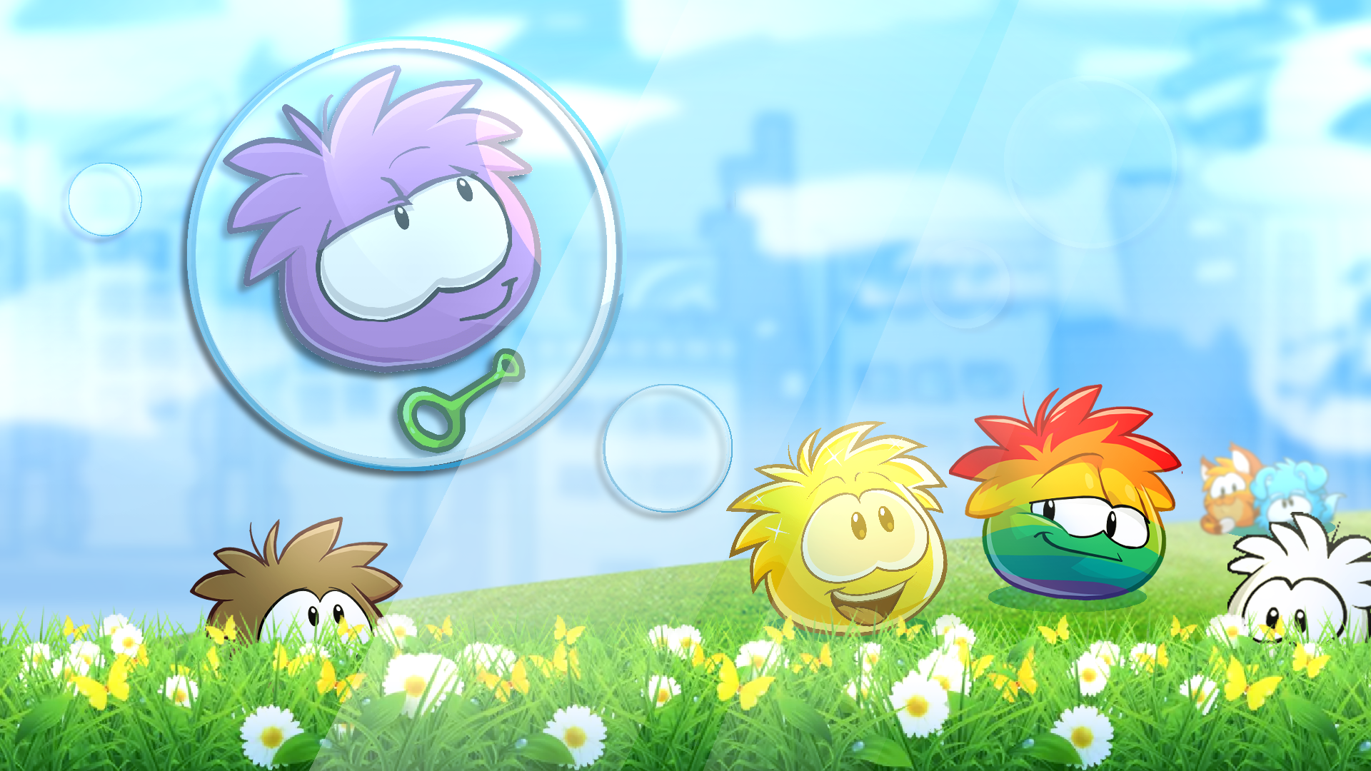 a frutiger aero wallpaper filled with puffles