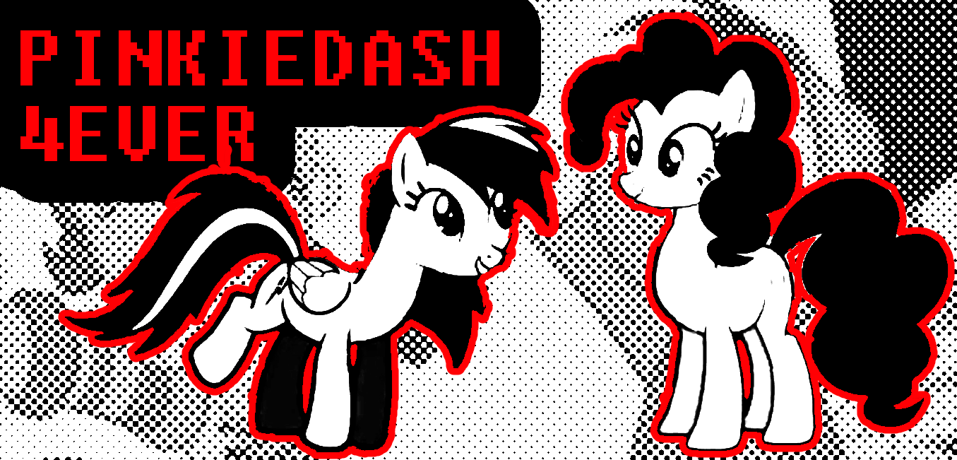 a black white and red digital collage of pinkie pie and rainbow dash with the text PINKIEDASH 4EVER