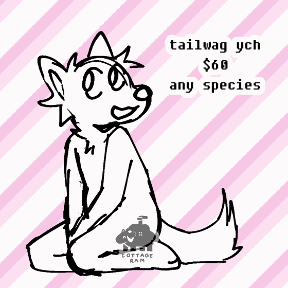 YCH animation of a furry sitting on their knees looking to the left as their head faces right. Their tail is wagging