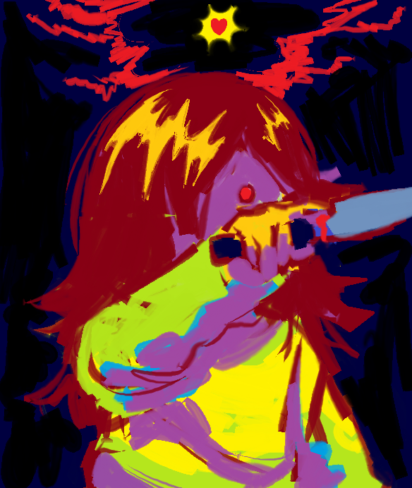 a digital drawing of kris from deltarune holding up a knife