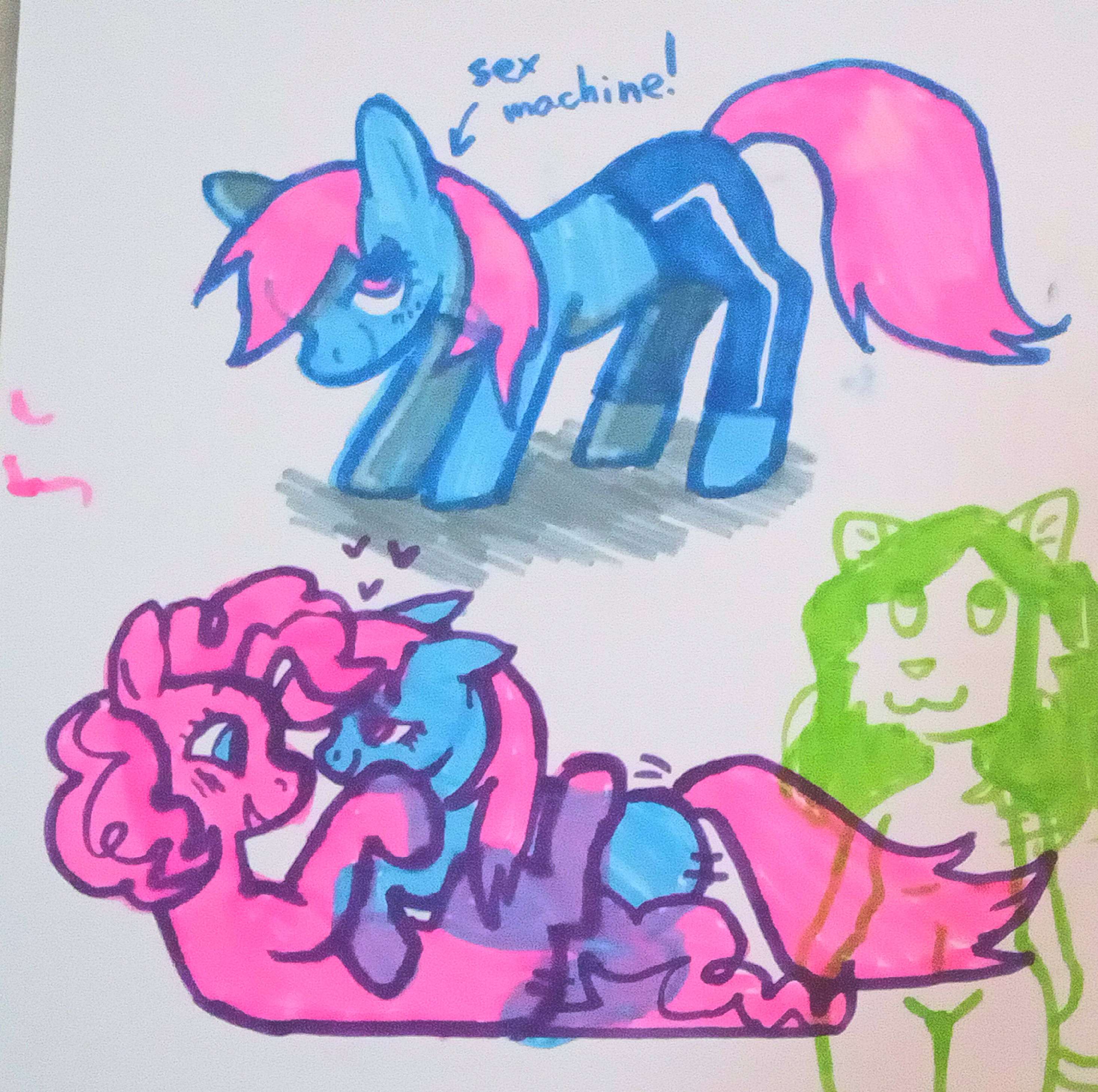 two marker drawings showing rainbow dash in yoga pants labelled sex machine and another of rainbow dash lying on top of pinkie pie, fucking her while pinkie praises her