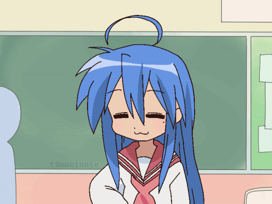 an animation depicting konata izumi moving her hand in a jerk off motion