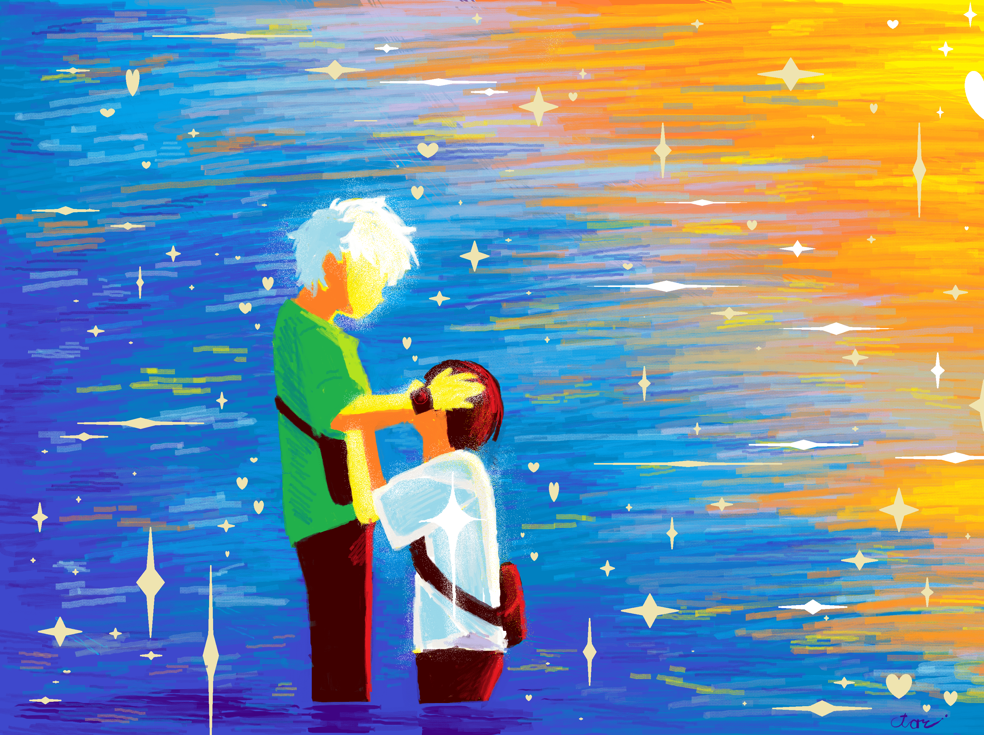 a redraw of the beach scene between yoshiki and hikaru where yoshiki is holding onto hikaru's shirt while on his knees and hikaru is petting his head